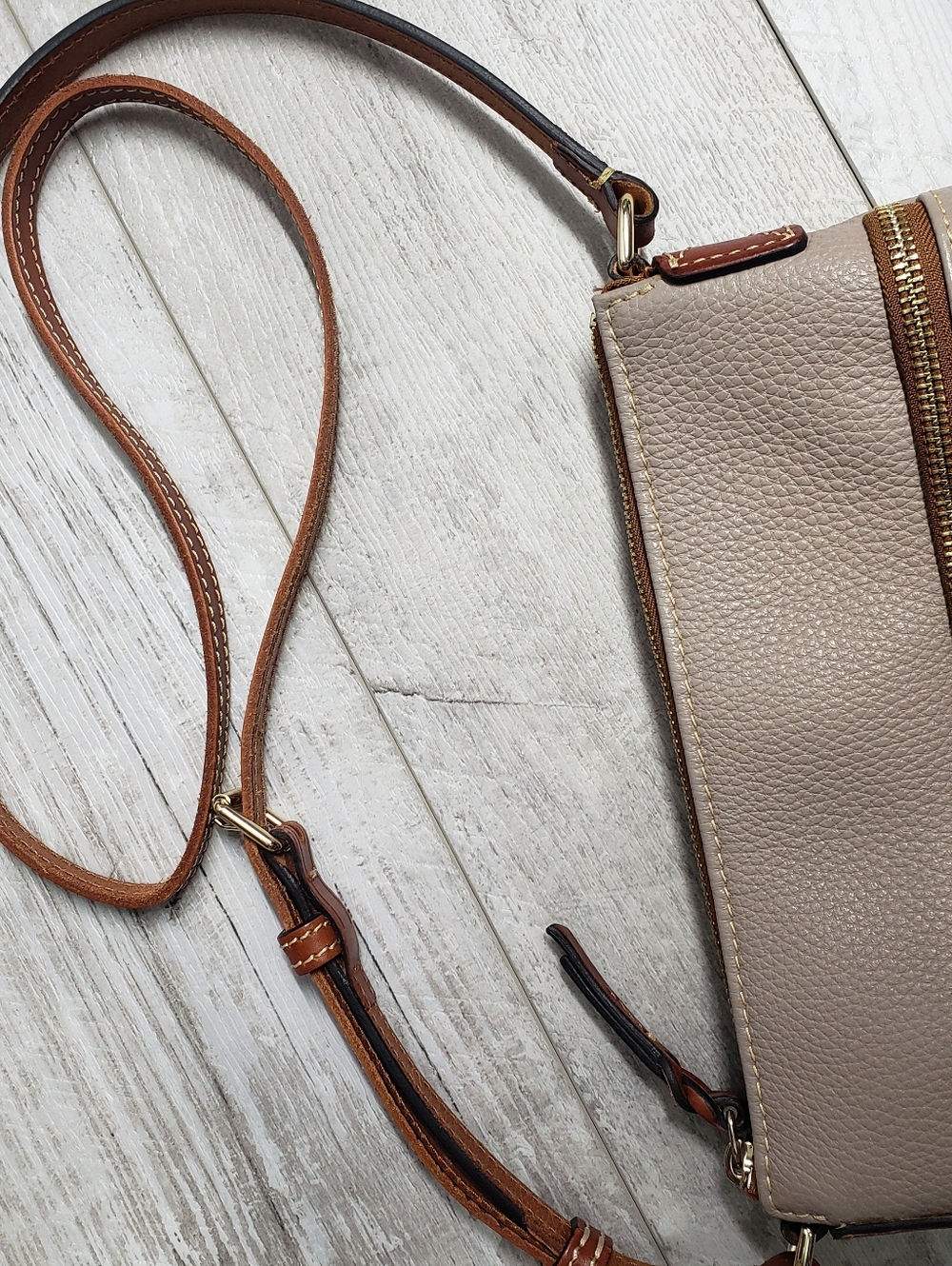 Dooney & Bourke Pebbled Leather Crossbody in Taupe with Brown Strap - Picture 5 of 15